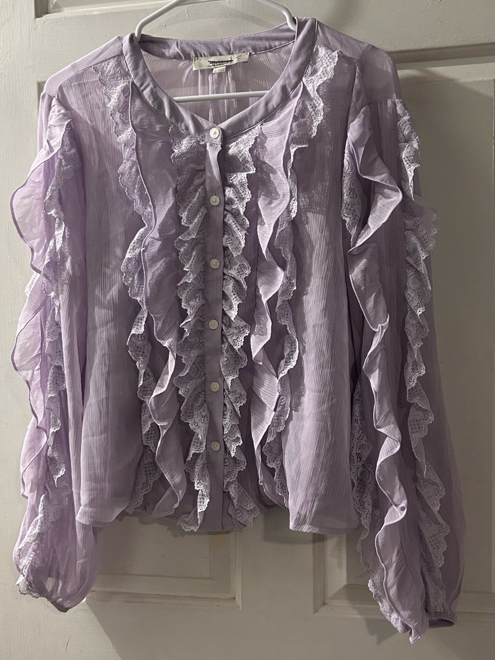 Lace Ruffle Button-Front Lavender Blouse
